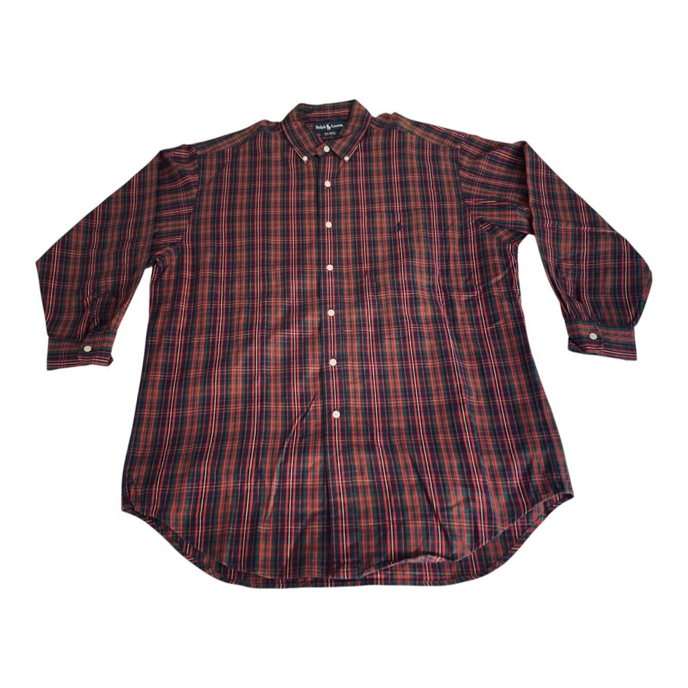 VTG Ralph Lauren BIG SHIRT Men M Blue Red Plaid Button Down Oxford 90s Preppy